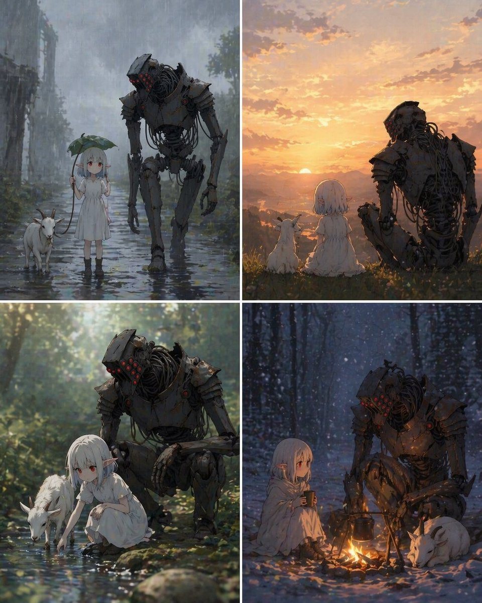 Ready-to-edit four-panel cinematic fantasy illustration collage image prompt.