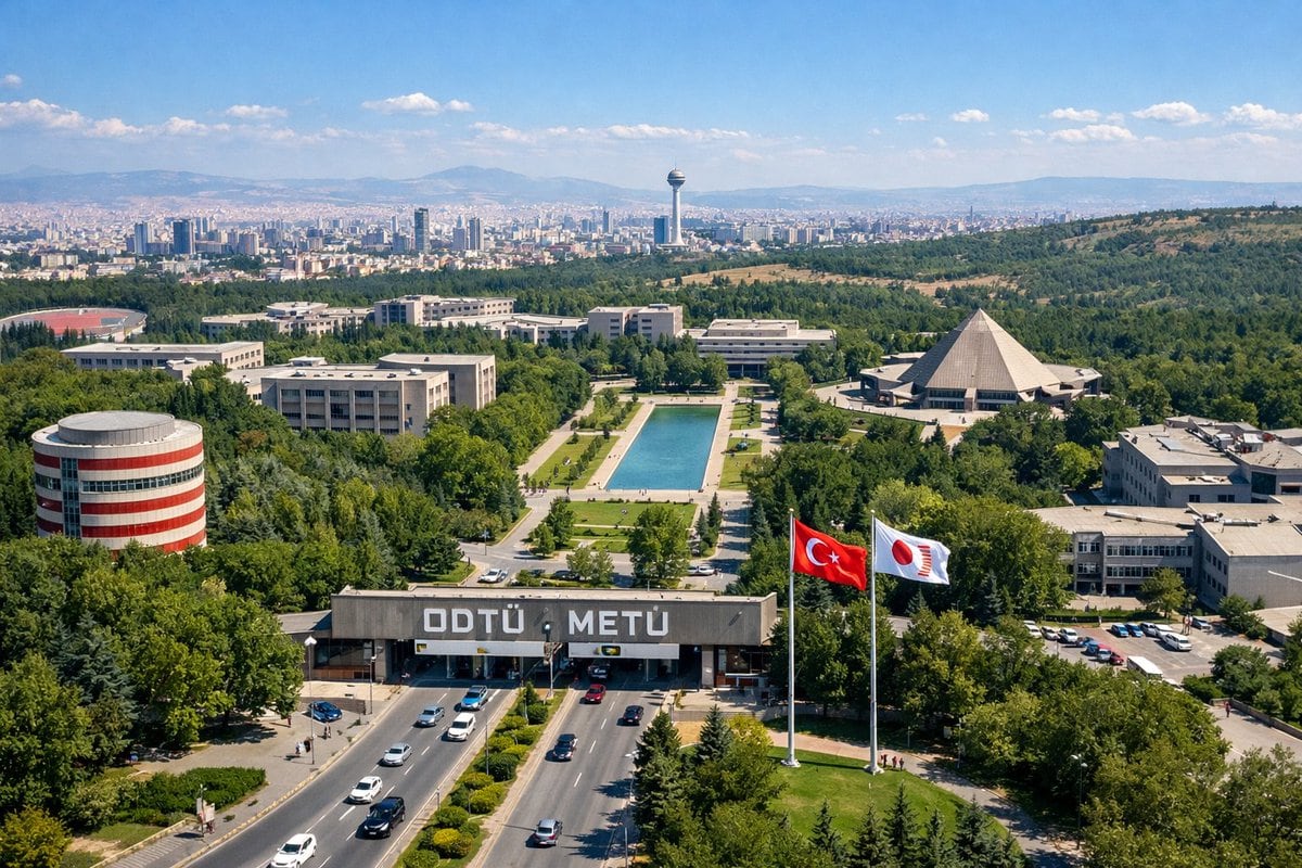 An aerial drone photograph of a sprawling, lush green university campus on a sunny day. In the foreground, a wide multi-lane road with cars passes through a large concrete entrance gate b...