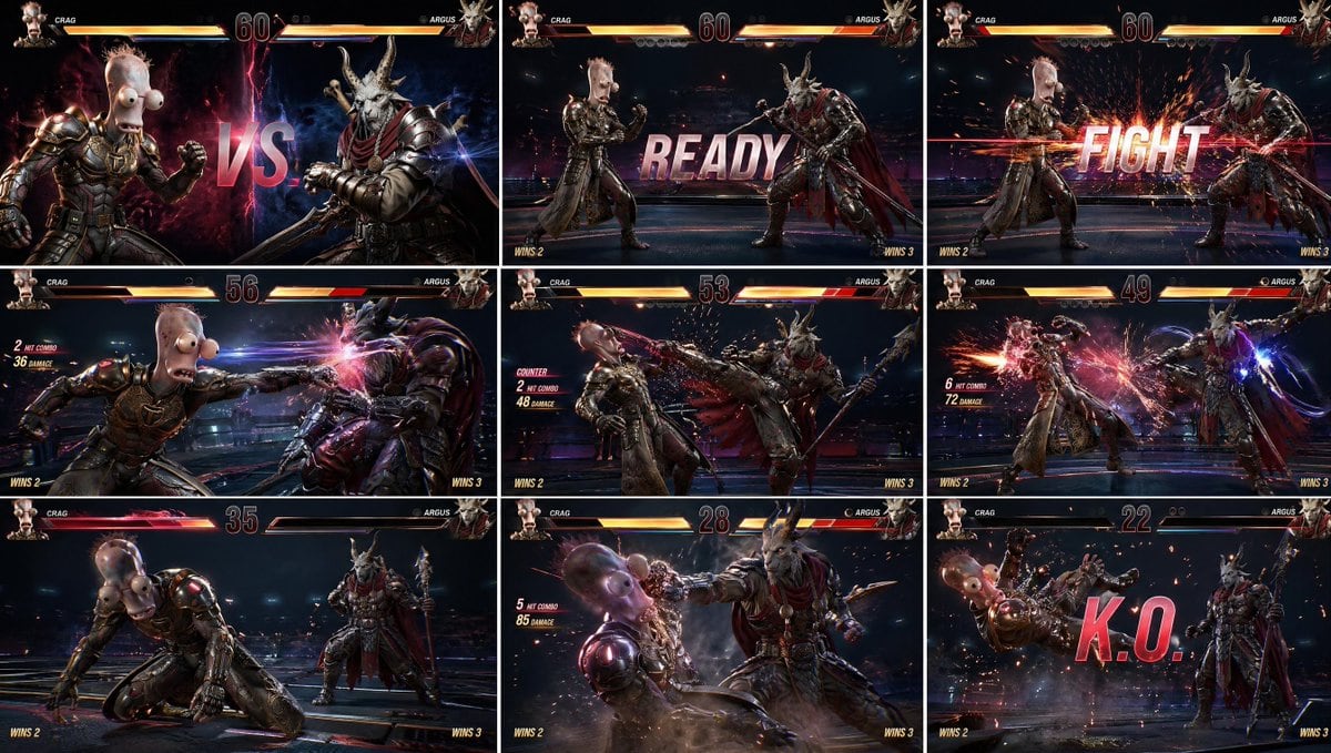 A highly structured prompt for creating a 3x3 storyboard grid of a fighting game, maintaining consistent characters and full game UI elements.
