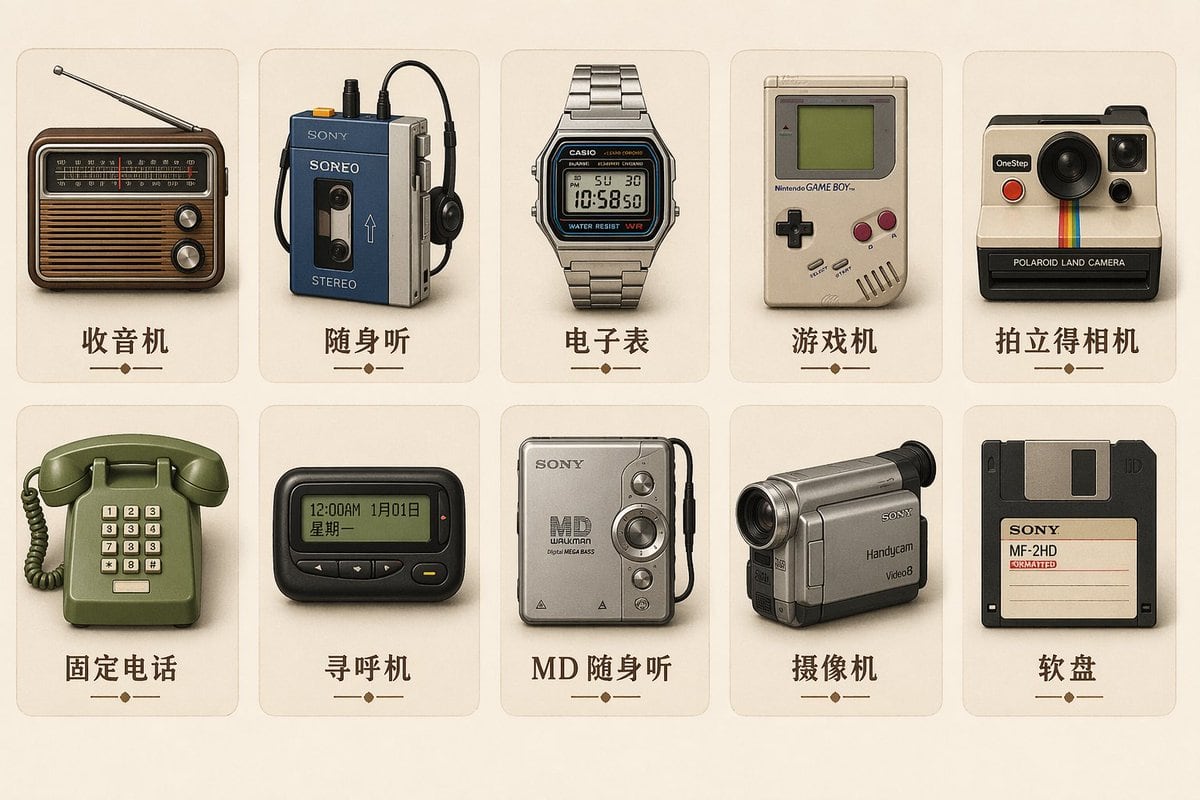 Generates a set of icons for vintage electronic devices in a retro skeuomorphic style with visible labels.