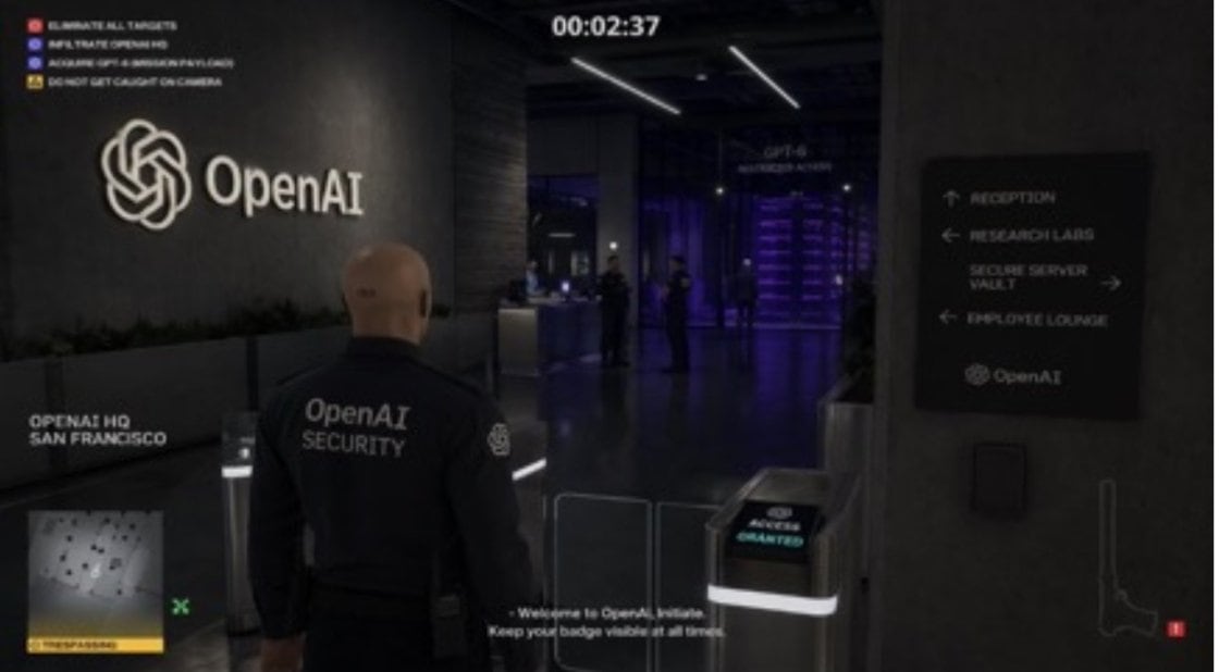 A Hitman level where you are in the OpenAI HQ and your mission is to steal GPT-6.