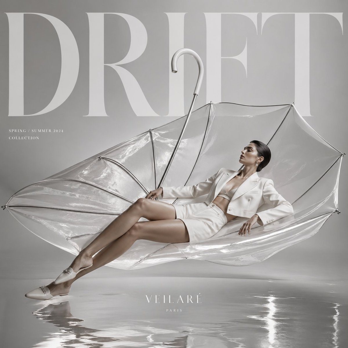High-fashion editorial advertisement, oversized translucent umbrella floating like sculptural furniture, female model lounging along its curve in ivory tailored shorts and cropped blazer,...
