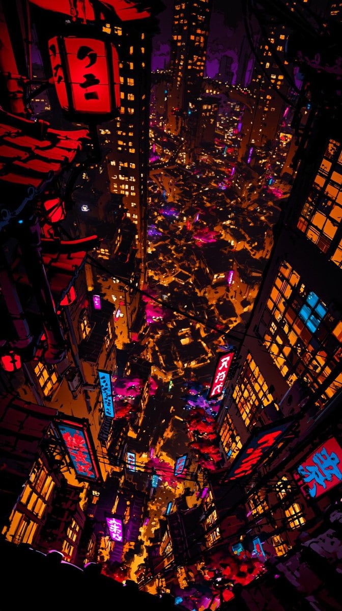 此提示词可生成高度精细的竖版赛博朋克风格城市景观插画，适用于海报、概念艺术或表现城市拥挤与孤独感的氛围感编辑视觉素材。