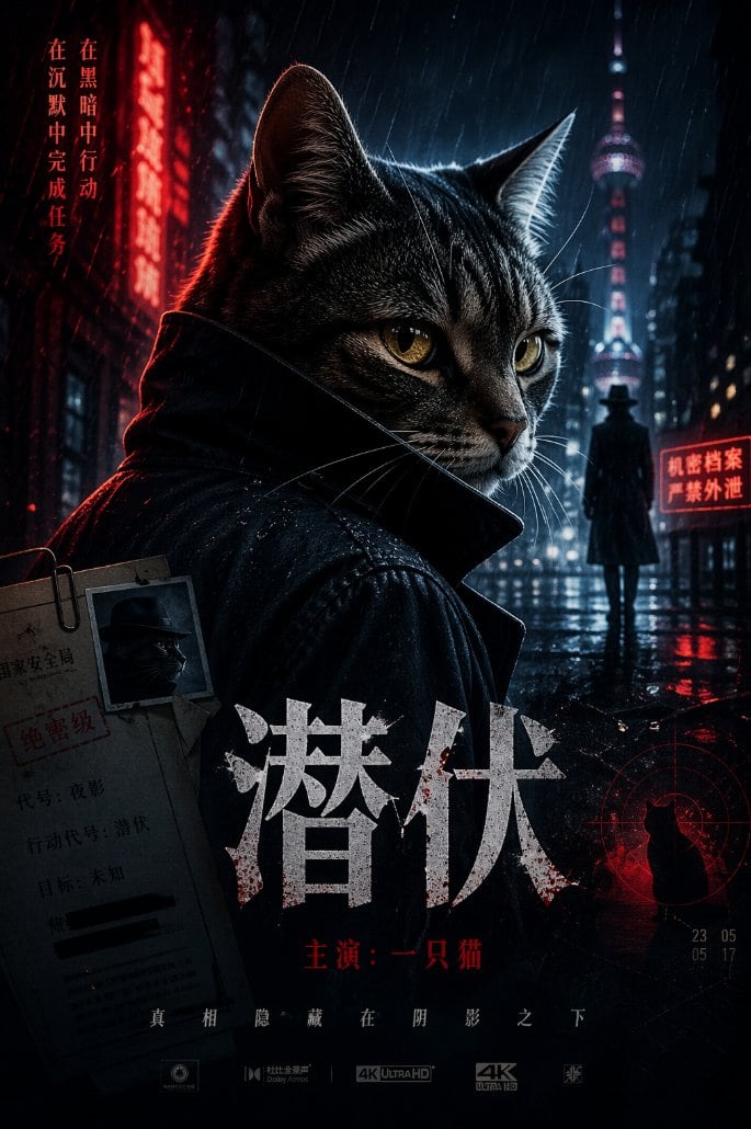一个由 gpt-image-2 生成的、以猫咪为主角的间谍惊悚片电影海报提示词，充满氛围感。