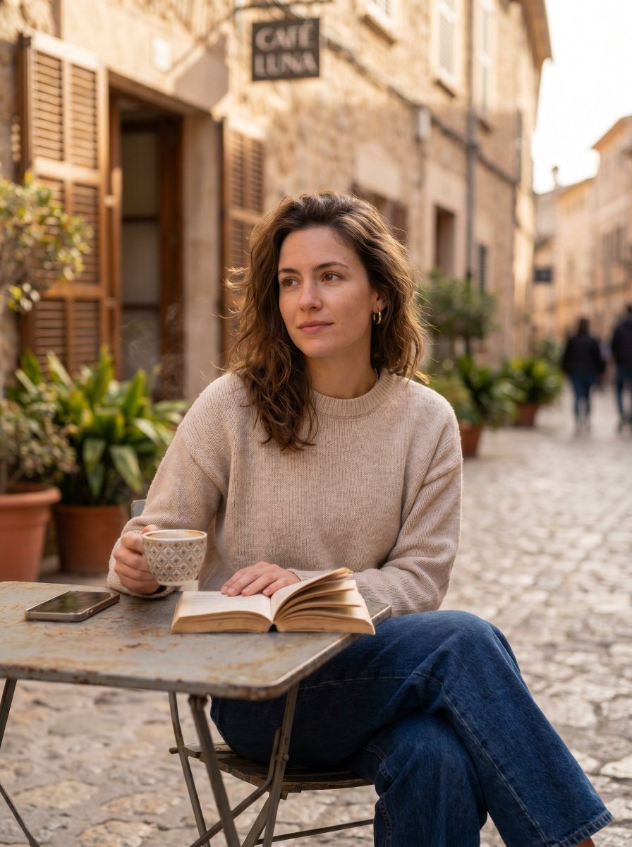 A candid cinematic lifestyle photo of a young woman sitting alone at a tiny weathered metal café table on a narrow cobblestone street in a sunlit old European town. She has shoulder-lengt...
