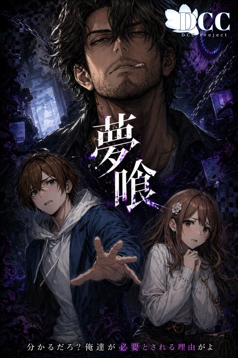 A dramatic vertical dark-fantasy anime key visual poster for the RPG 夢喰-BAKU-. Center the composition around 3 human figures layered in depth. In the background, a large intimidating adul...