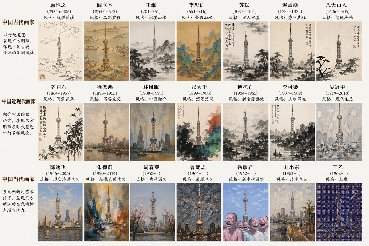 一个创意提示词，要求 AI 使用中国历代画家的艺术风格来呈现现代地标建筑。