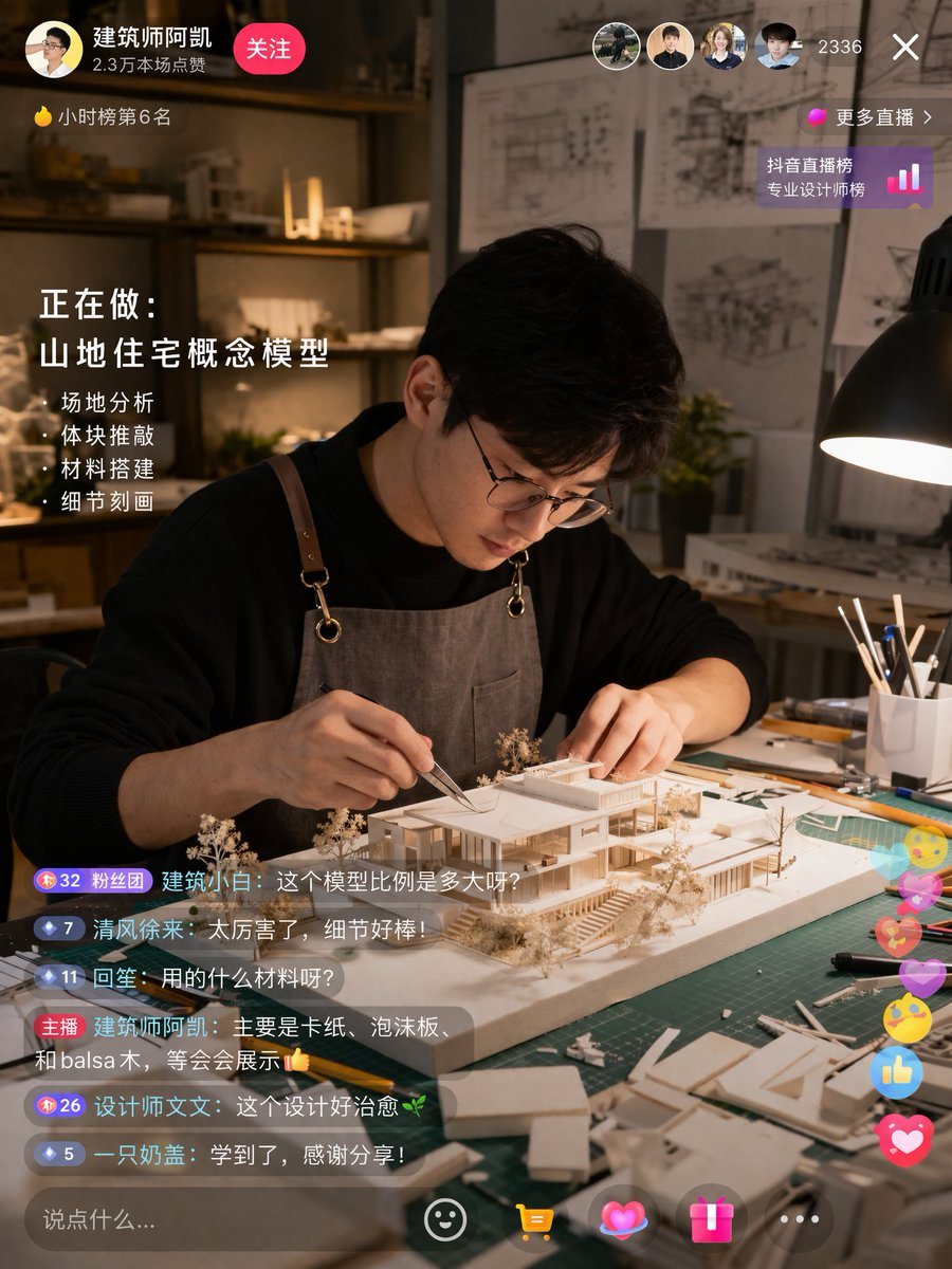 生成一个真实的建筑师制作比例模型的直播界面，包含可自定义的聊天消息和任务浮层。