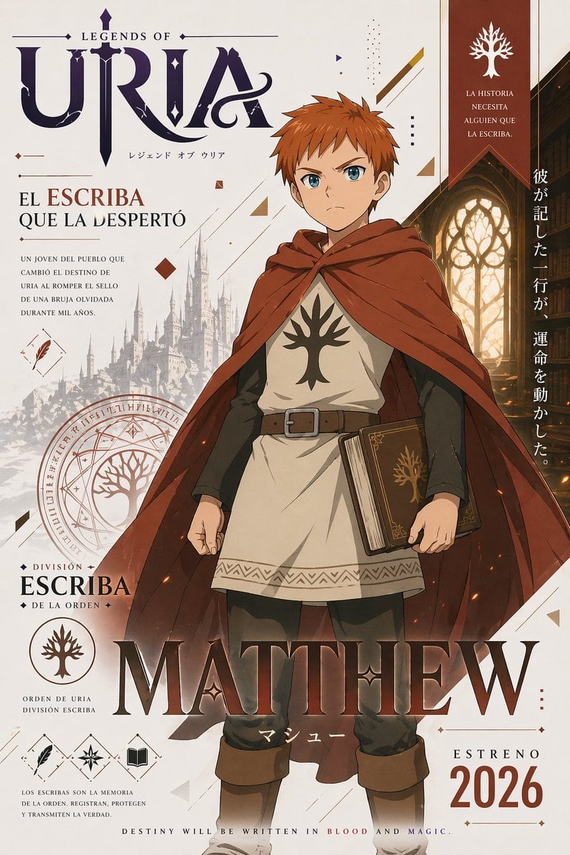 A dramatic fantasy anime poster in a clean vertical one-sheet layout for a fictional series titled LEGENDS OF URIA. Use an elegant high-contrast poster design with a parchment-white backg...