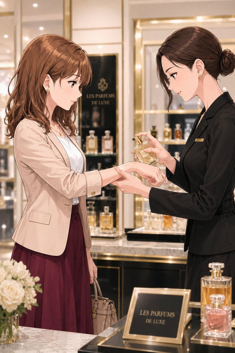 A refined anime-style luxury department store perfume counter scene, vertical composition, showing exactly 2 adult women from the waist up to mid-thigh in a softly lit upscale cosmetics b...