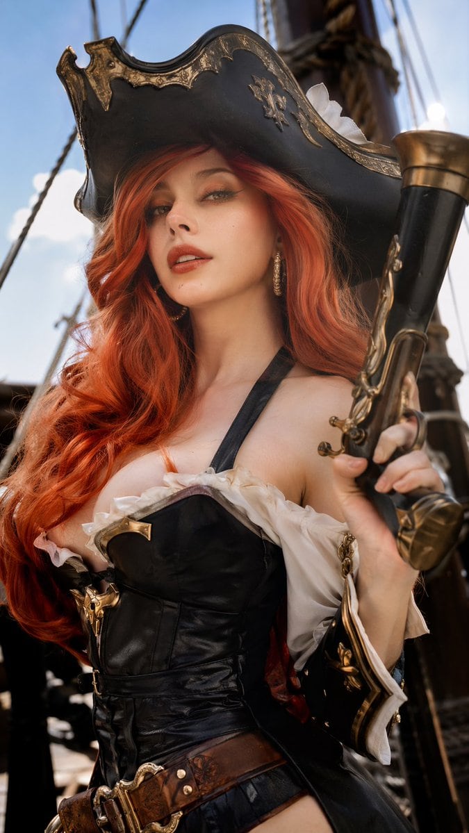 A highly realistic, professionally retouched photograph of a female cosplayer dressed as Miss Fortune from League of Legends. She has a French woman's face with subtle makeup, green eyes,...