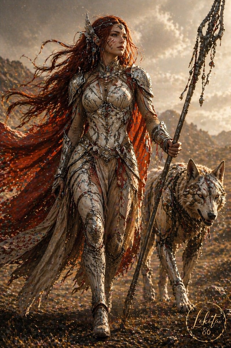 A cinematic dark-fantasy full-body portrait of a fierce warrior queen walking forward across a rugged, autumn-toned field at golden hour, accompanied by 1 large wolf at her right side. Sh...