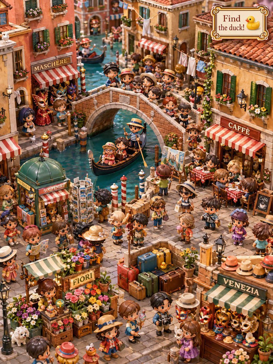 This prompt generates a dense, adorable hidden-object travel illustration of a miniature Venice canal scene filled with chibi tourists, shops, and concealed rubber ducks.