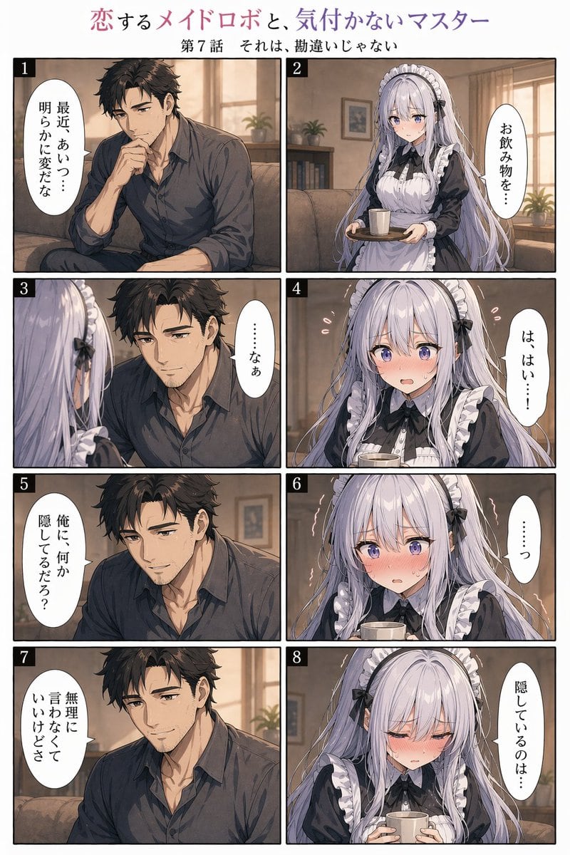 生成一页全彩 8 格动漫风格漫画，描绘了一位害羞的机器人女仆与她迟钝的主人在温馨且充满情感张力的对话场景。