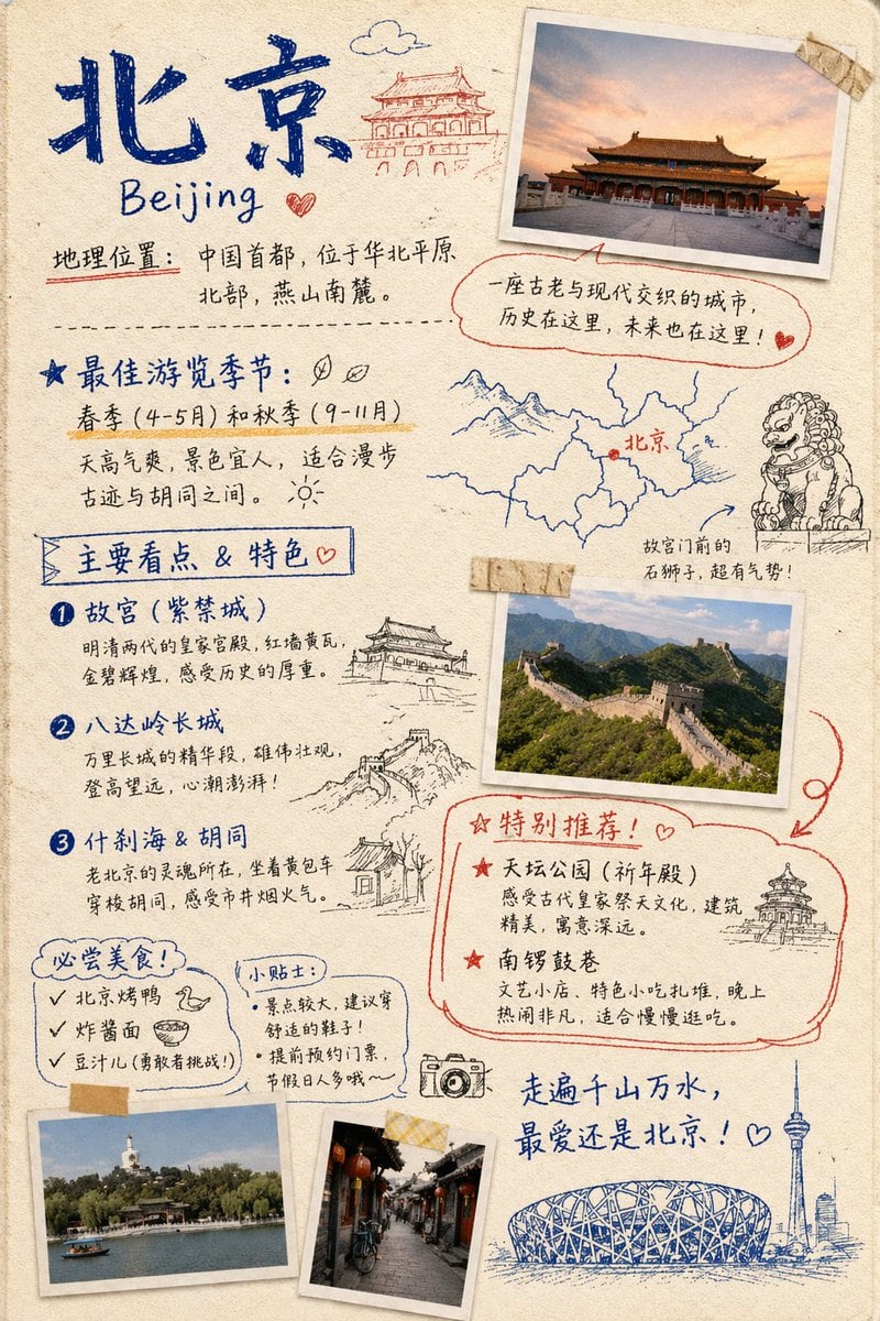 生成一张手绘子弹笔记风格的旅行信息图，包含胶带照片、涂鸦草图以及用于城市指南的分类文本板块。