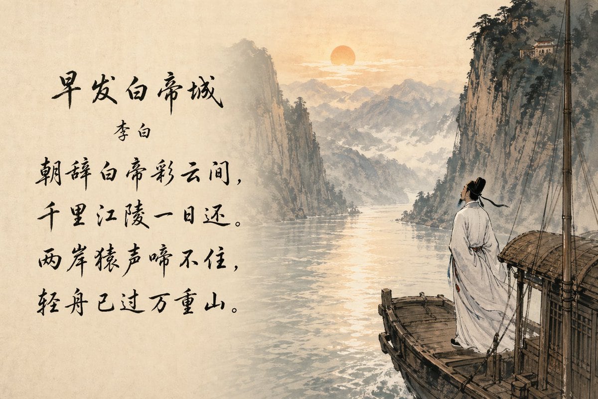 A classical Chinese ink-wash painting on warm aged rice paper, combining landscape art and calligraphy in a clean two-part composition. On the left half, leave broad negative space filled...