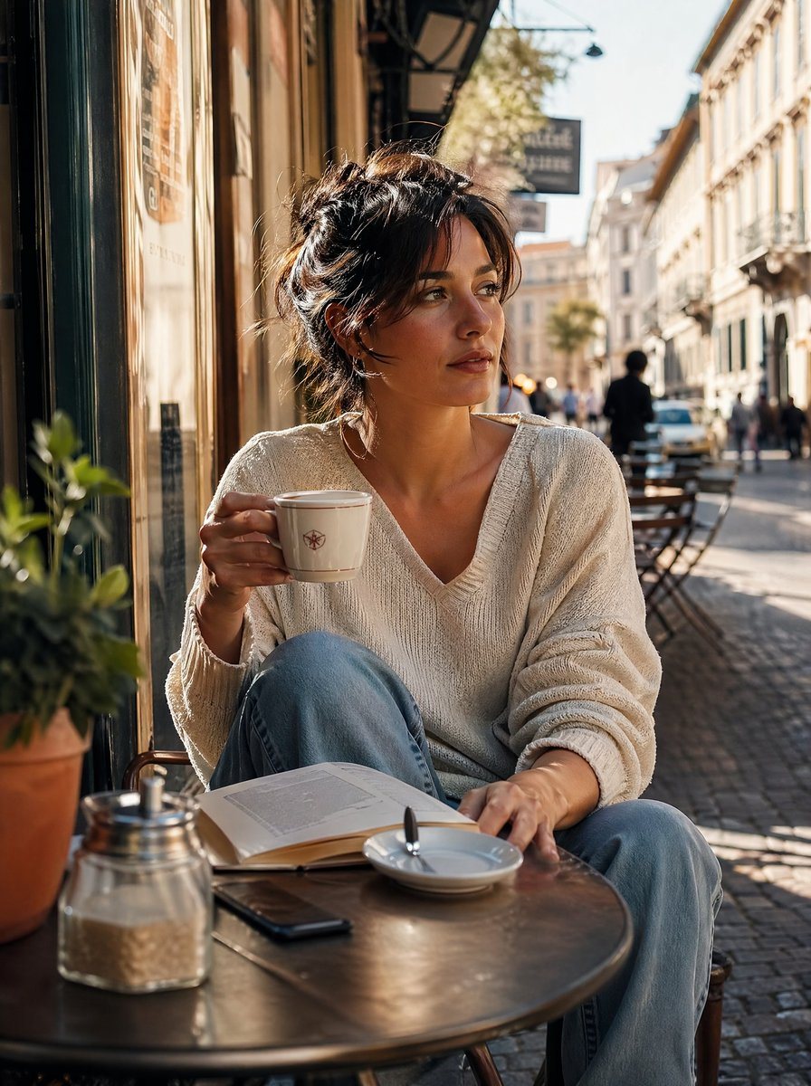 A warm, candid editorial-style street café portrait of a relaxed young woman sitting alone at a small round outdoor table on a narrow European cobblestone street in late afternoon sunligh...