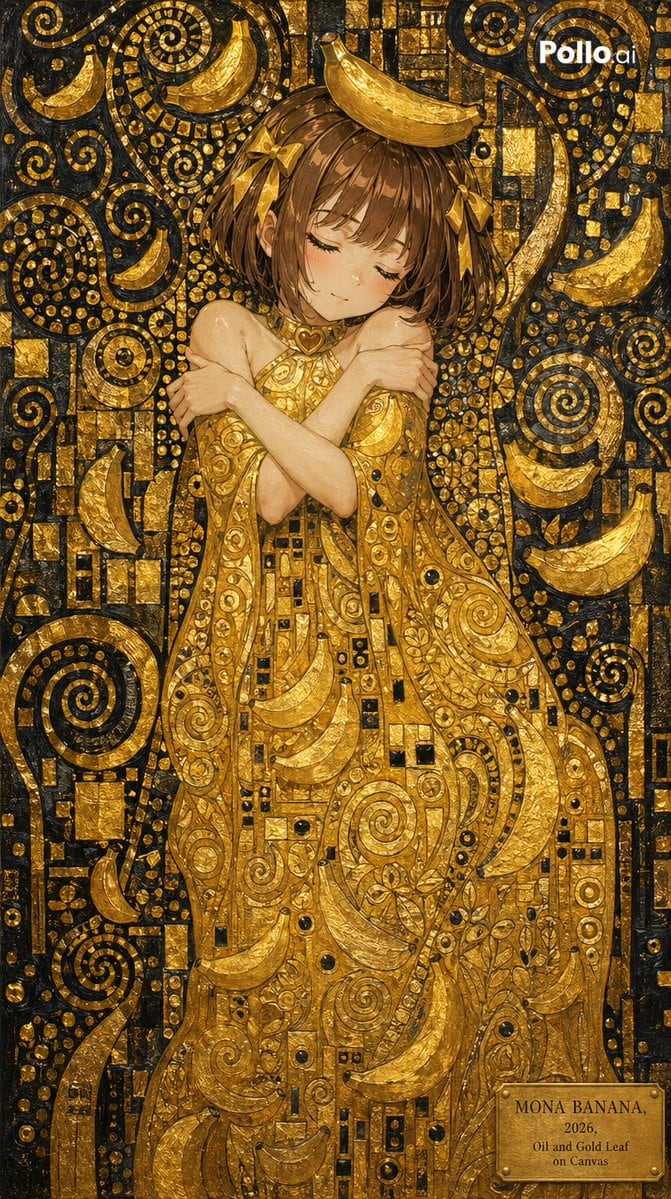一个用于生成插画的提示词,风格模仿古斯塔夫·克里姆特的《吻》,并融入特定角色及香蕉主题图案。