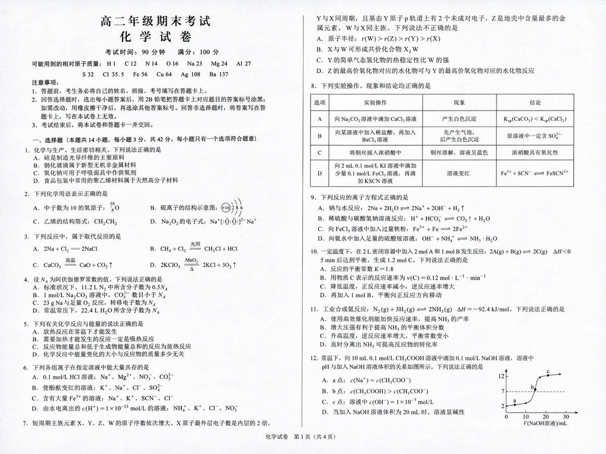 一个用于生成逼真的中文高中化学期末试卷扫描件图像的提示词,包含特定的排版要求。