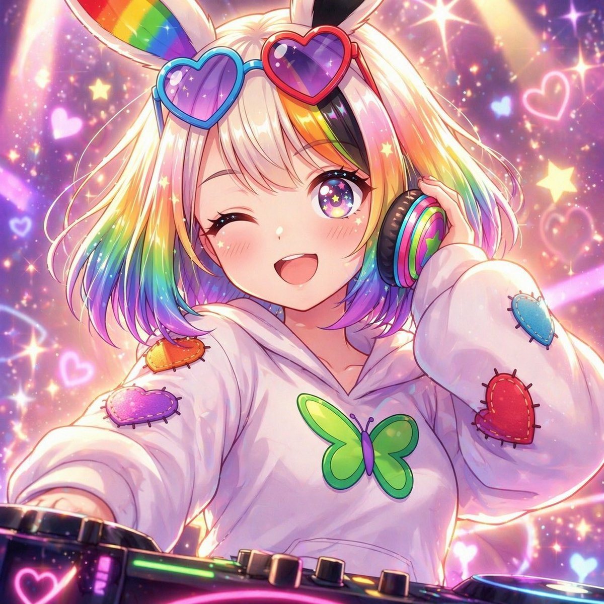 此提示词可生成一张色彩缤纷的动漫 DJ 女孩肖像，包含兔耳朵、彩虹风格以及闪耀的俱乐部氛围，非常适合社交媒体艺术对比或角色概念视觉图。