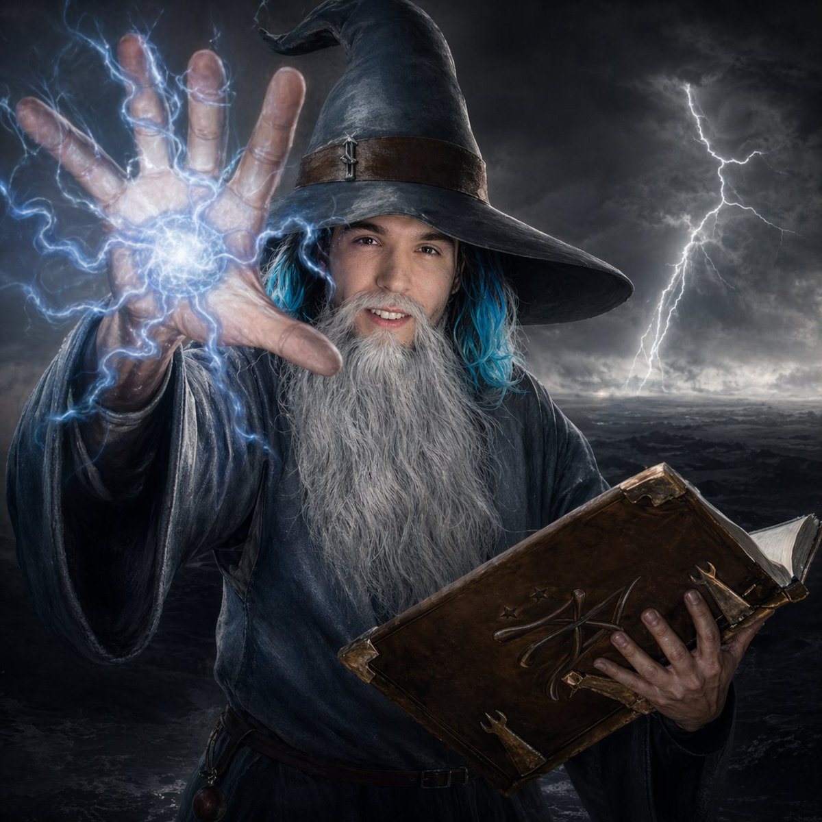 A dramatic dark-fantasy portrait of an elderly wizard standing in a stormy wasteland under a black, cloud-choked sky. He wears a tall, weathered pointed hat with a brown leather band and...