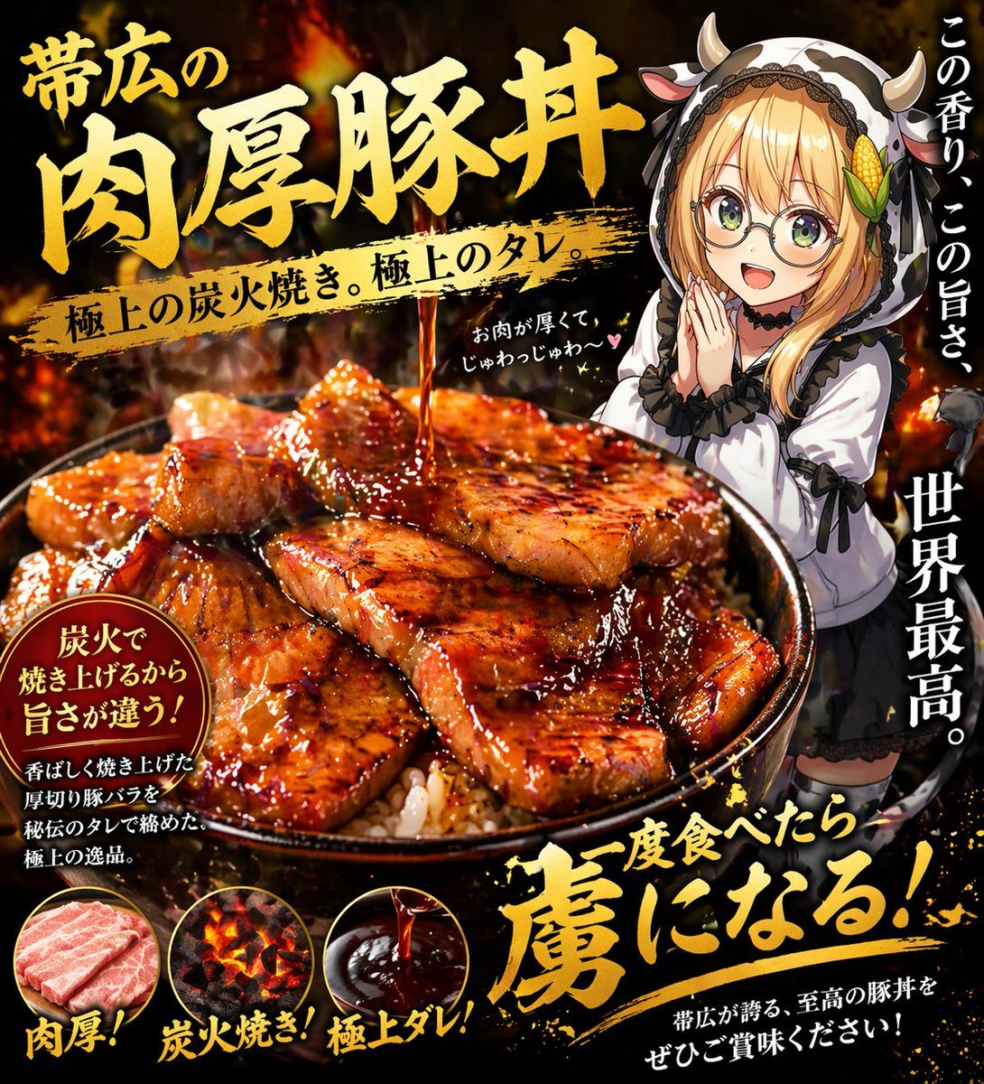 A dramatic Japanese food advertisement poster for a premium pork rice bowl, vertical composition, black and fiery orange background with glowing embers, smoke, and a high-contrast gourmet...