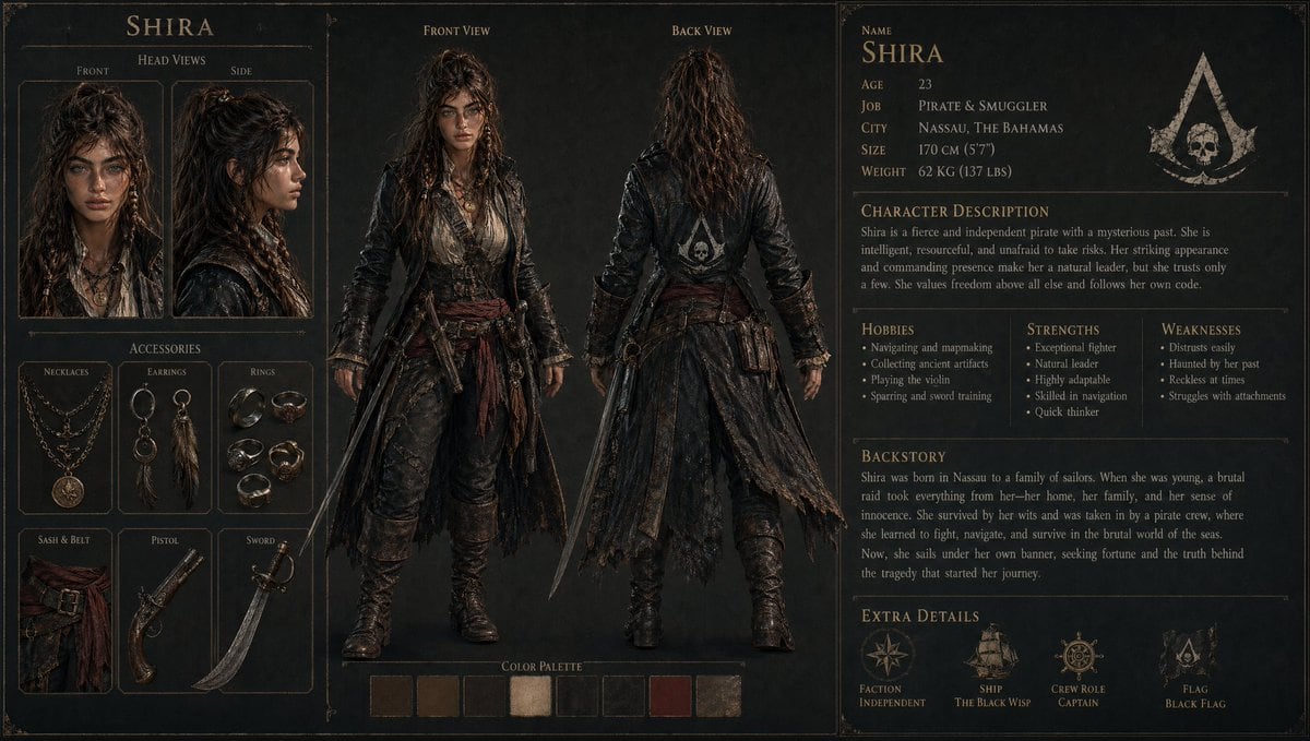 a highly detailed 3D gaming character sheet, - on the left side a beautiful female french student , head front view + side view, assesoire samples, character front view and back viere, -...