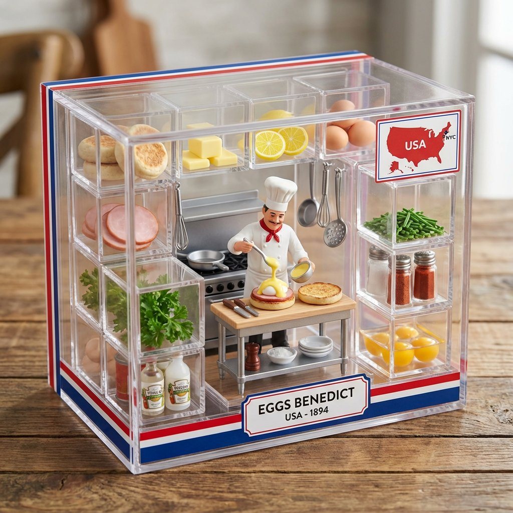 This prompt generates a premium product-style photo of an acrylic boxed miniature kitchen diorama for Eggs Benedict, ideal for culinary concept art, packaging mockups, or collectible food-themed visuals.