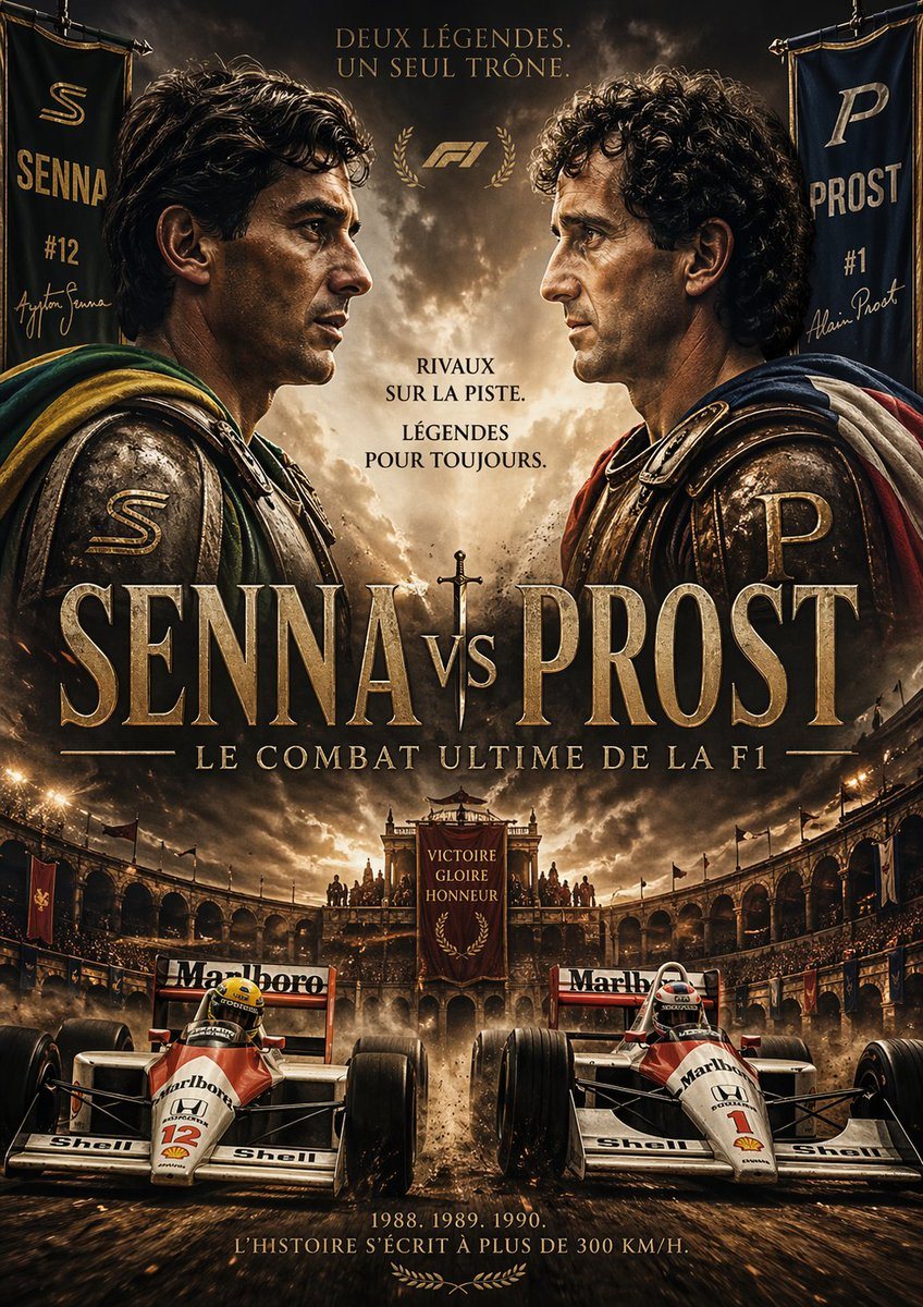 An epic cinematic poster in a dark golden bronze palette, styled like a mythic gladiator movie poster merged with vintage Formula 1 iconography. Two legendary rival drivers face away from...