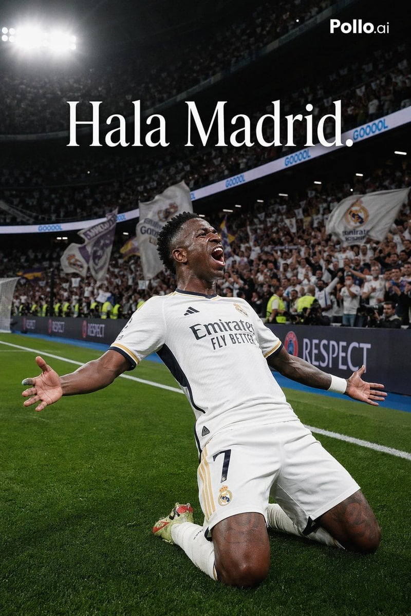 A dramatic vertical high-fashion sports campaign photo of a young Black male forward in a white Real Madrid home kit performing a knee-slide celebration on the grass near the sideline ins...