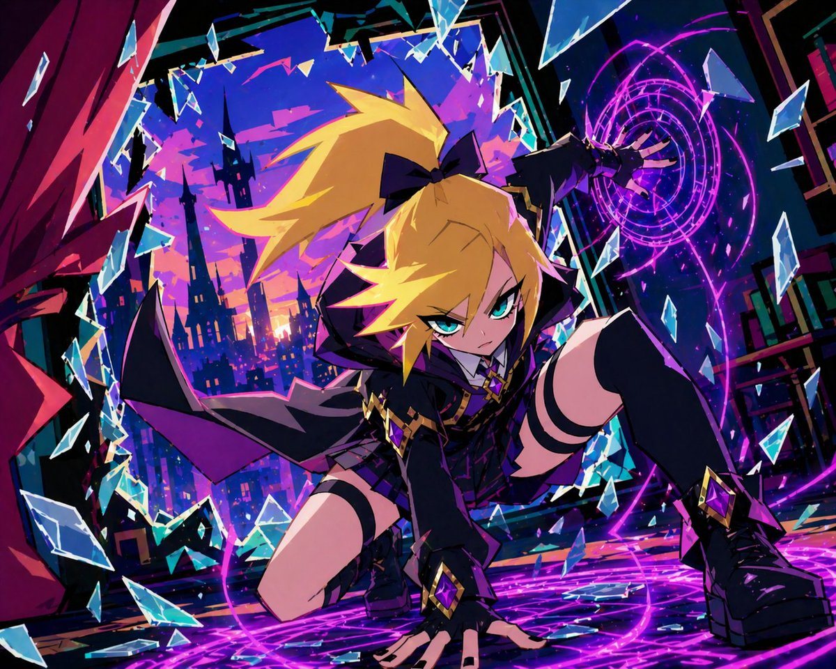 Generates a highly stylized, dynamic anime illustration of a magical character breaking through glass with glowing effects.