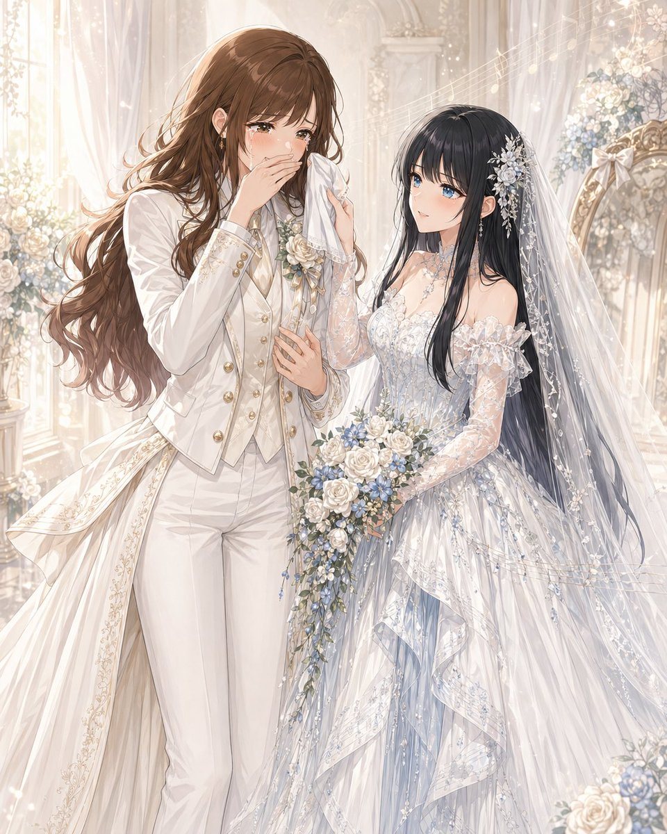 This prompt generates a soft, ornate anime wedding illustration of two brides in contrasting bridal outfits, ideal for original character romance art or ceremonial key visuals.