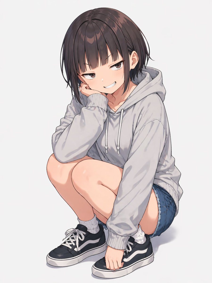 A clean anime-style full-body character illustration of a young woman squatting low on a plain light gray background, centered in frame, with a soft studio shadow beneath her. She has dar...