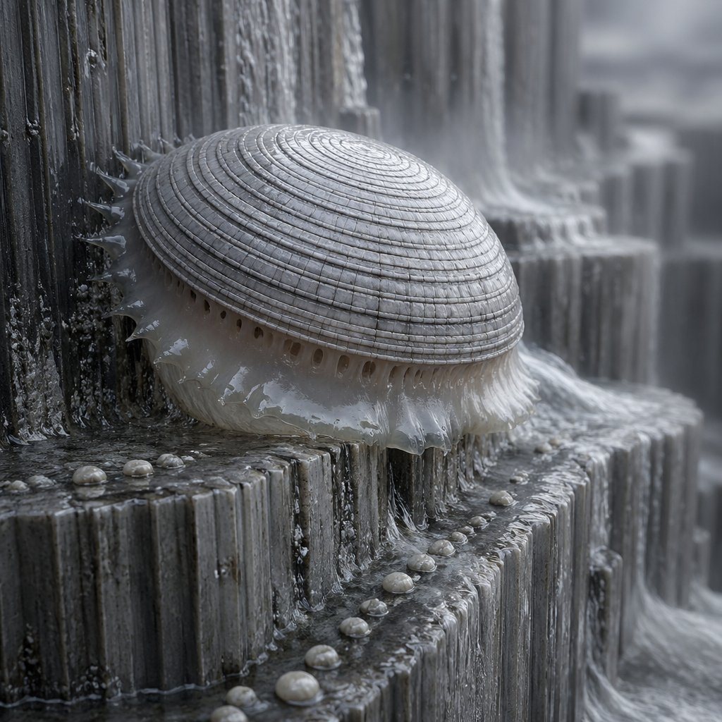 A hyper-detailed naturalistic macro photograph of a strange marine-organic creature resembling a domed seashell fused with a translucent jellyfish body, clinging to the edge of dark wet b...
