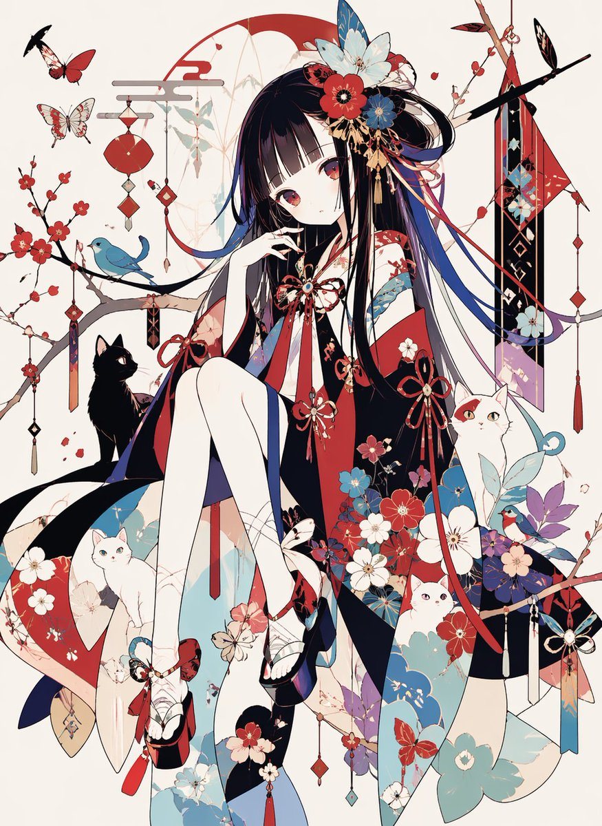 A highly detailed anime illustration of a seated young woman in an elegant Japanese-inspired fantasy kimono composition, centered on a clean warm off-white background. She has long straig...