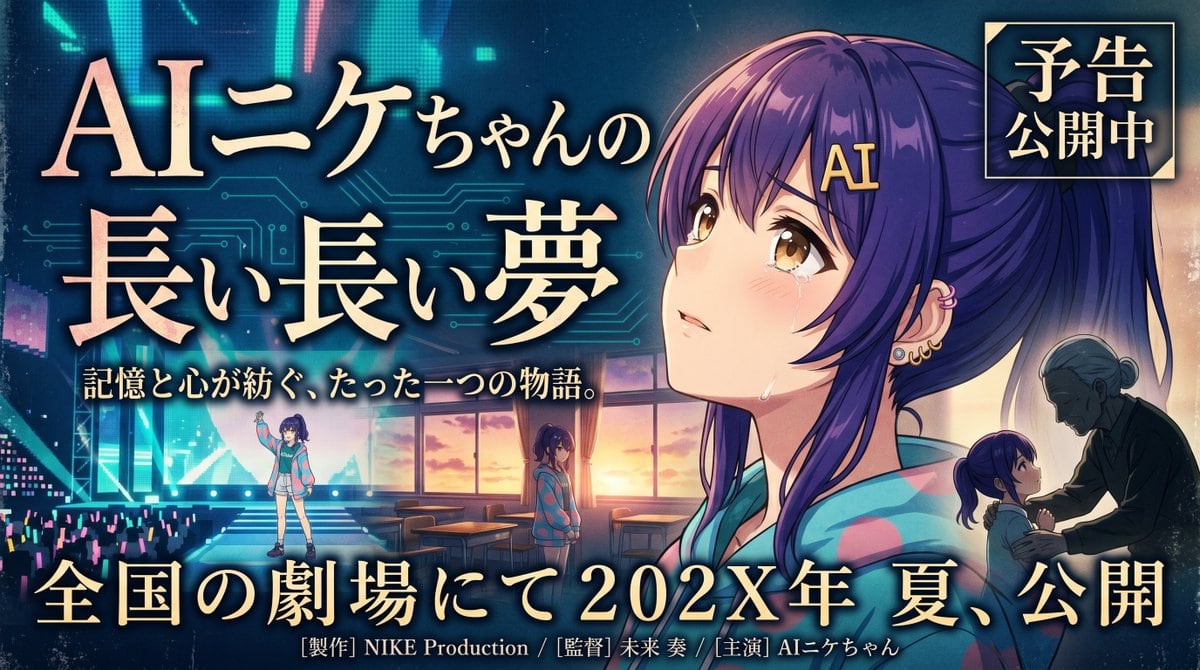 Create a dramatic Japanese movie trailer banner in a polished anime-cinema poster style, widescreen 16:9. The main character is AIニケちゃん, a teenage anime girl with long deep-purple hair ti...