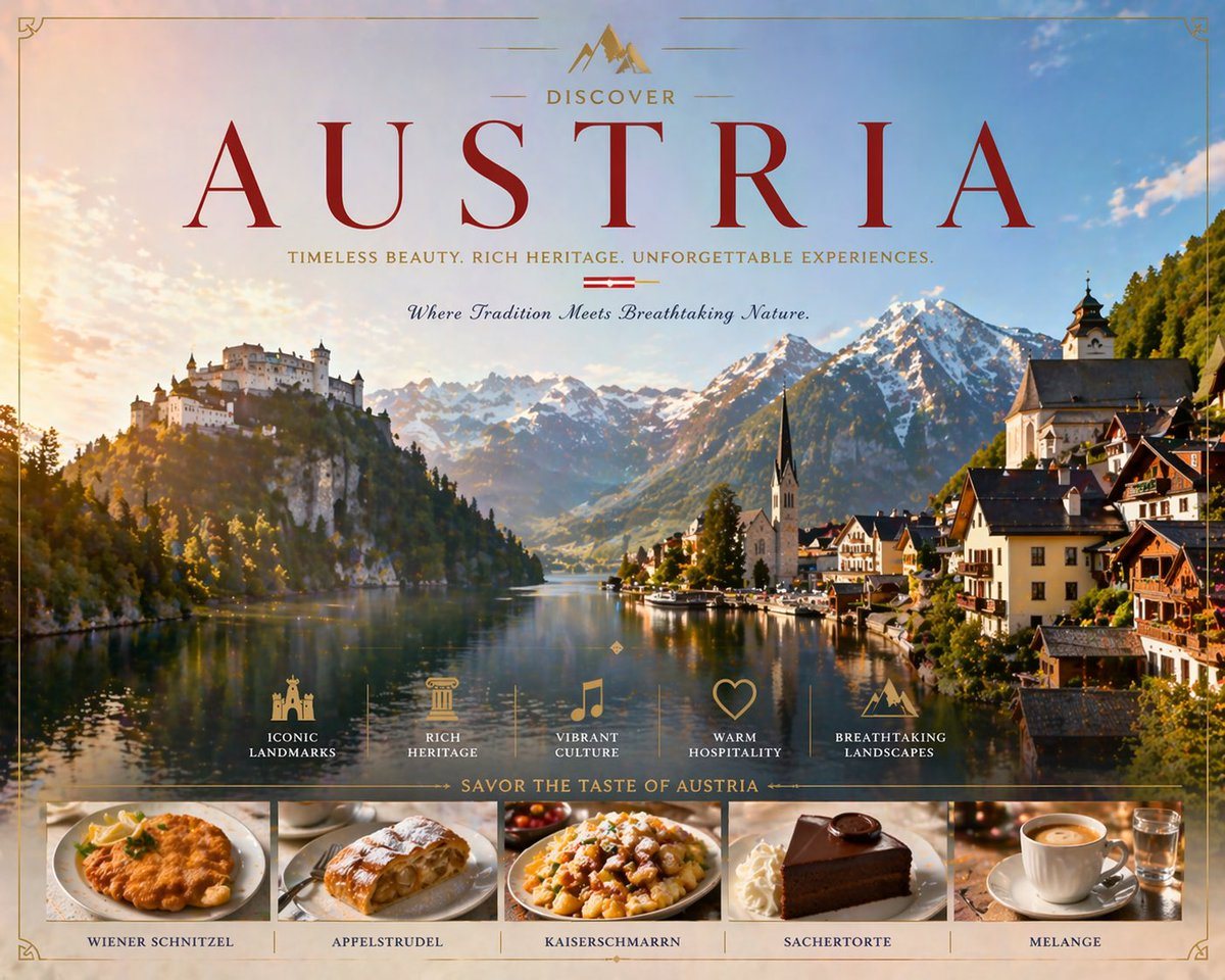 A luxurious vintage-style travel poster for Austria, designed like a premium tourism advertisement. Use an elegant, symmetrical poster layout with thin gold decorative border lines and sm...