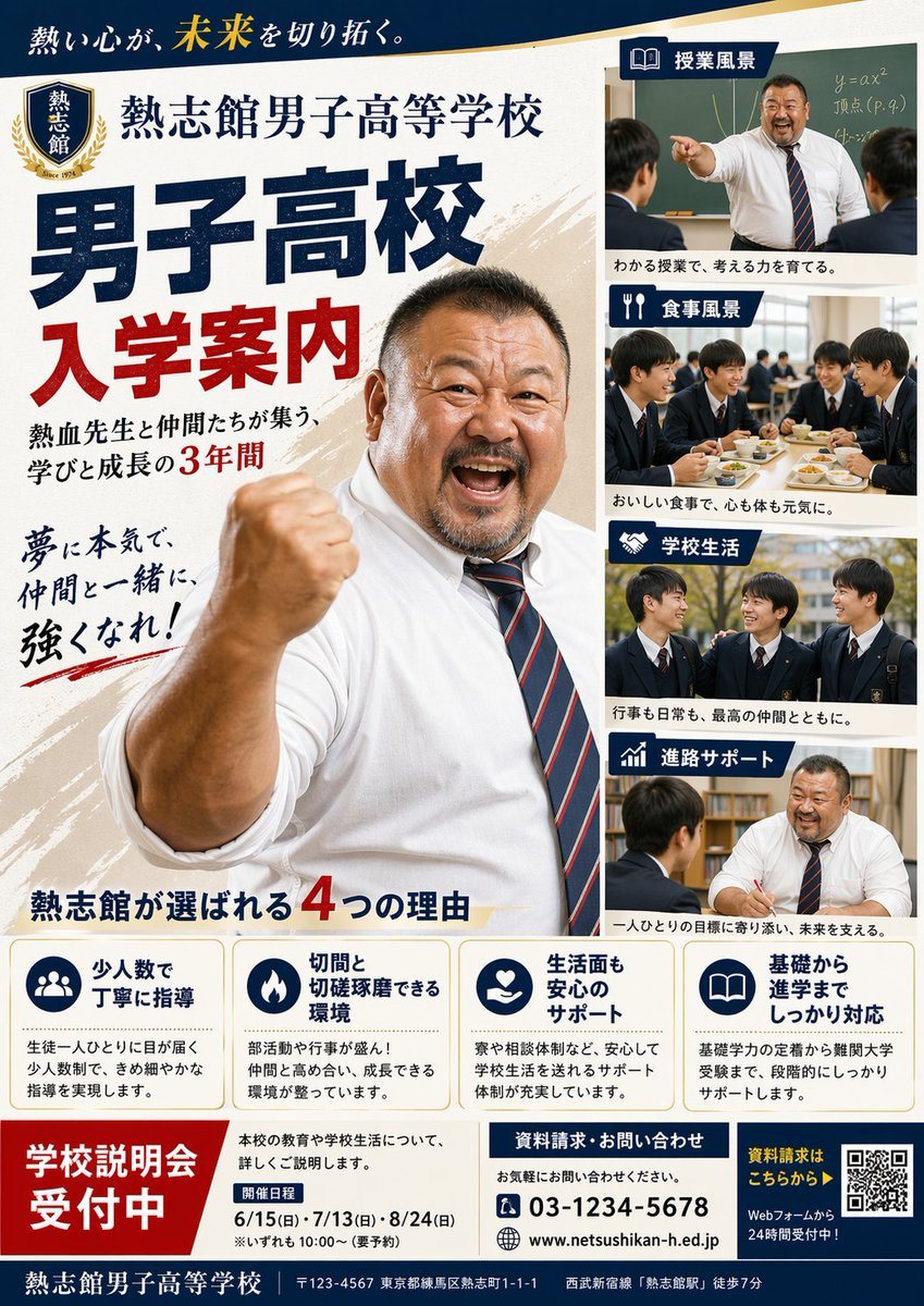 一份写实的日本学校宣传册海报，包含励志教师形象、校园生活照片板块以及详细的招生信息，适用于高中招生宣传材料。