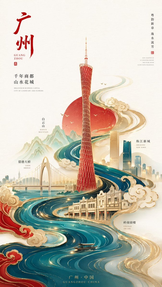 一套用于创作新中式极简高端城市海报的高质量提示词,专注于几何地标与传统纹样的结合。