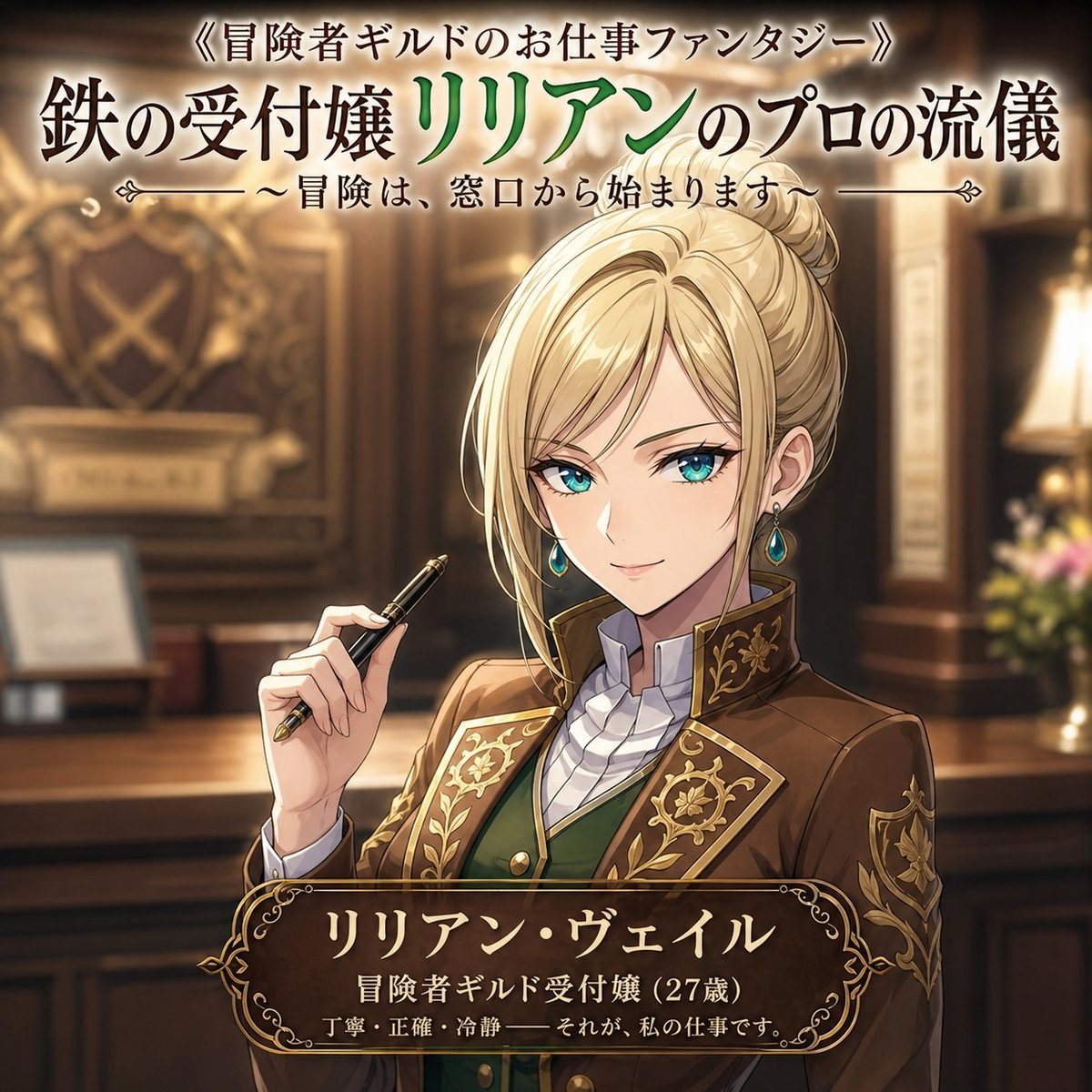 A polished fantasy light-novel cover illustration in anime style, square format, showing a beautiful adult female guild receptionist from the waist up in an elegant adventurer’s guild int...