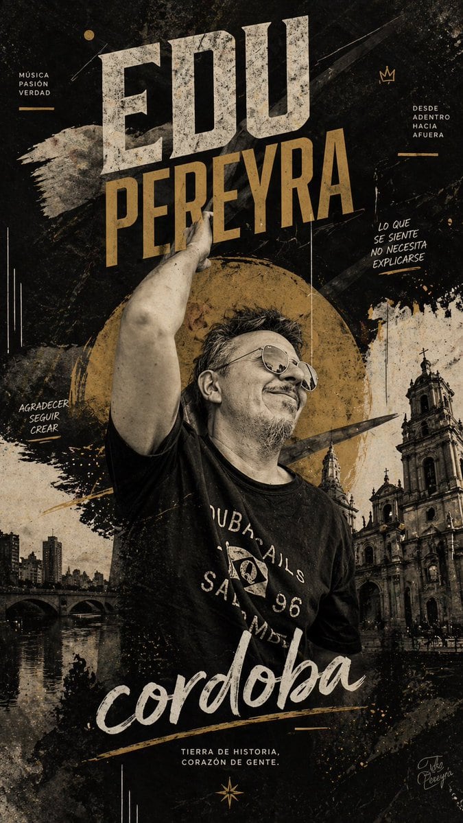 A dramatic vertical poster-style mixed-media portrait with a gritty urban editorial aesthetic, designed like a concert or personal brand poster. Center a middle-aged man from the waist up...