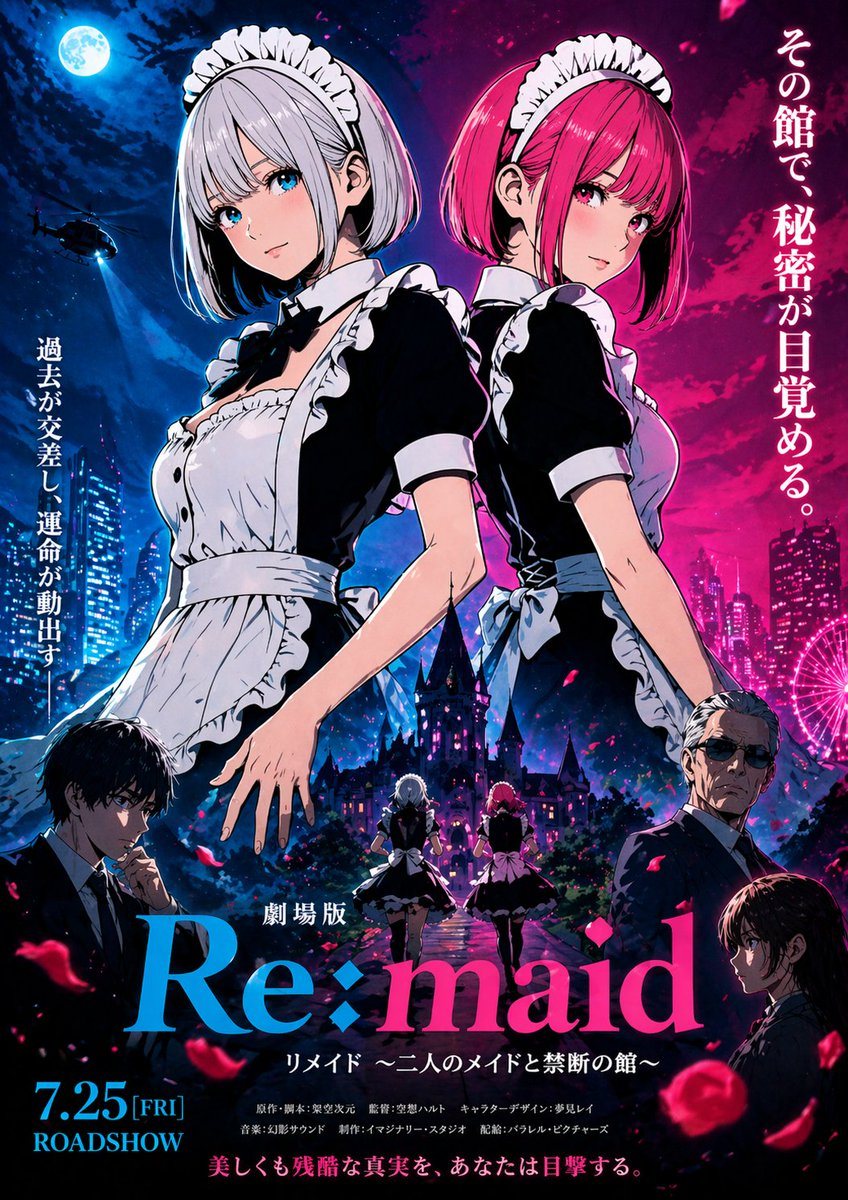 A dramatic anime theatrical movie poster in a tall vertical composition, centered on 2 young women in classic black-and-white maid uniforms standing back-to-back and facing opposite direc...