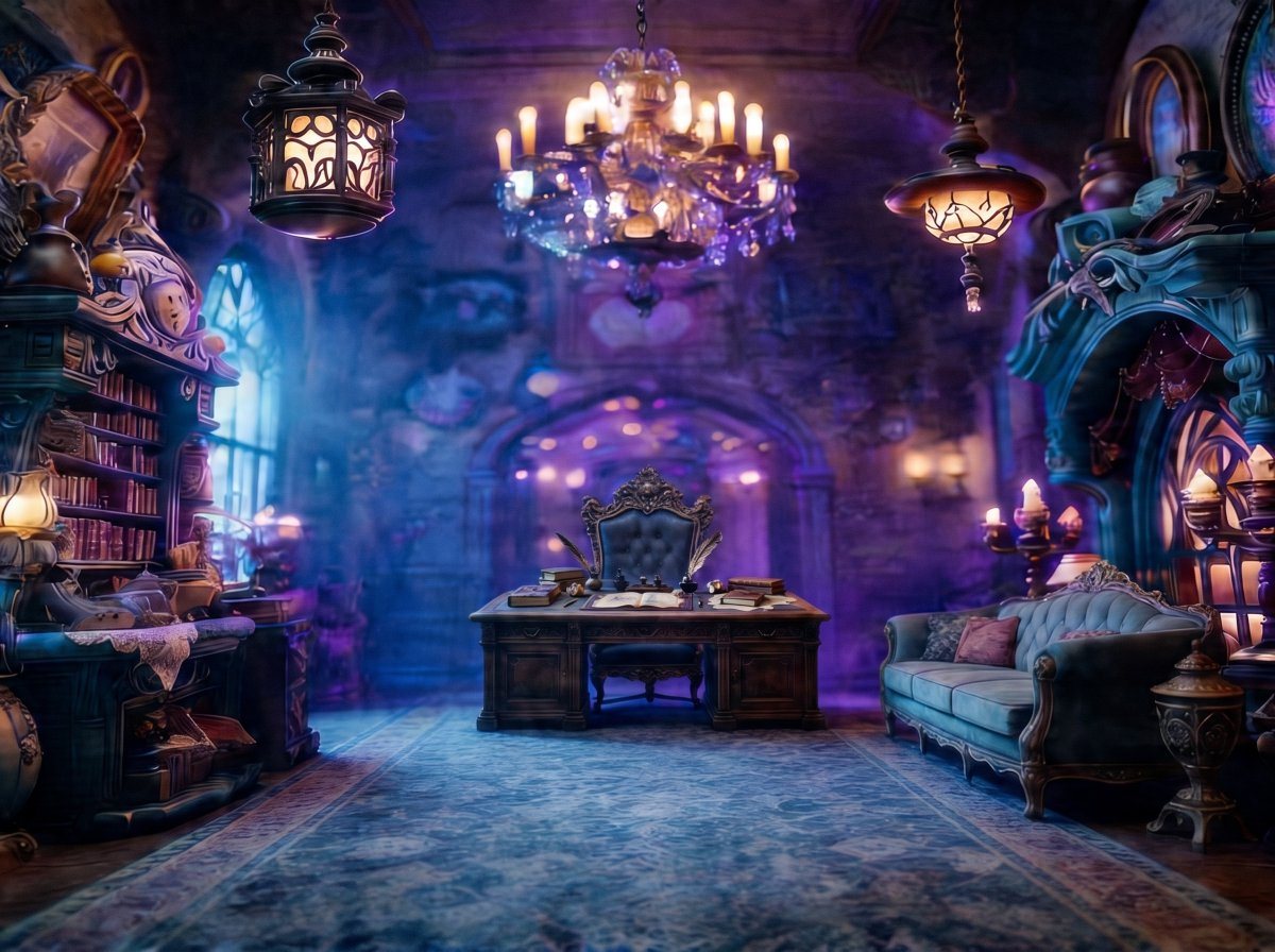 A lavish fantasy gothic study interior, shown as a wide symmetrical room shot with no people present. In the center, place an ornate dark wooden writing desk with carved details, an open...