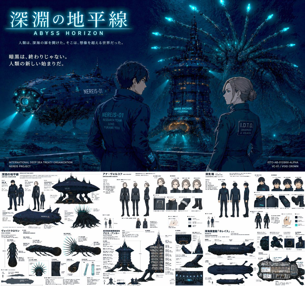 Generates a dual-layout image featuring a cinematic deep-sea illustration on top and a highly detailed, multi-panel character and vehicle reference sheet on the bottom.