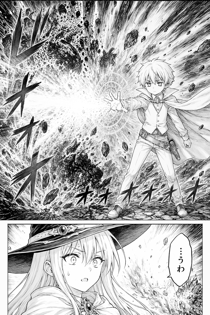 A dramatic black-and-white fantasy manga page in highly detailed ink line art and screentone style, vertical comic layout with 2 panels. The top panel is a full-width action scene showing...