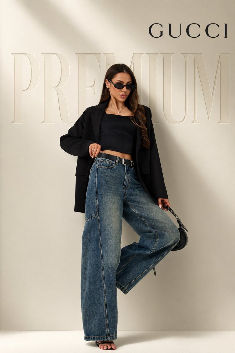 Generates a clean, high-end fashion shot with specific clothing items and 3D text in the background.