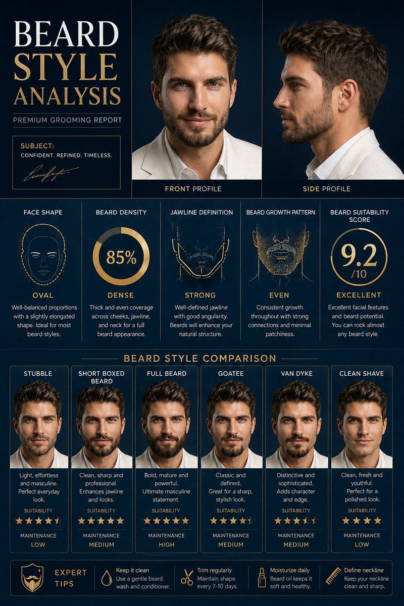 An infographic-style prompt for generating a professional grooming poster that analyzes beard density and styles.
