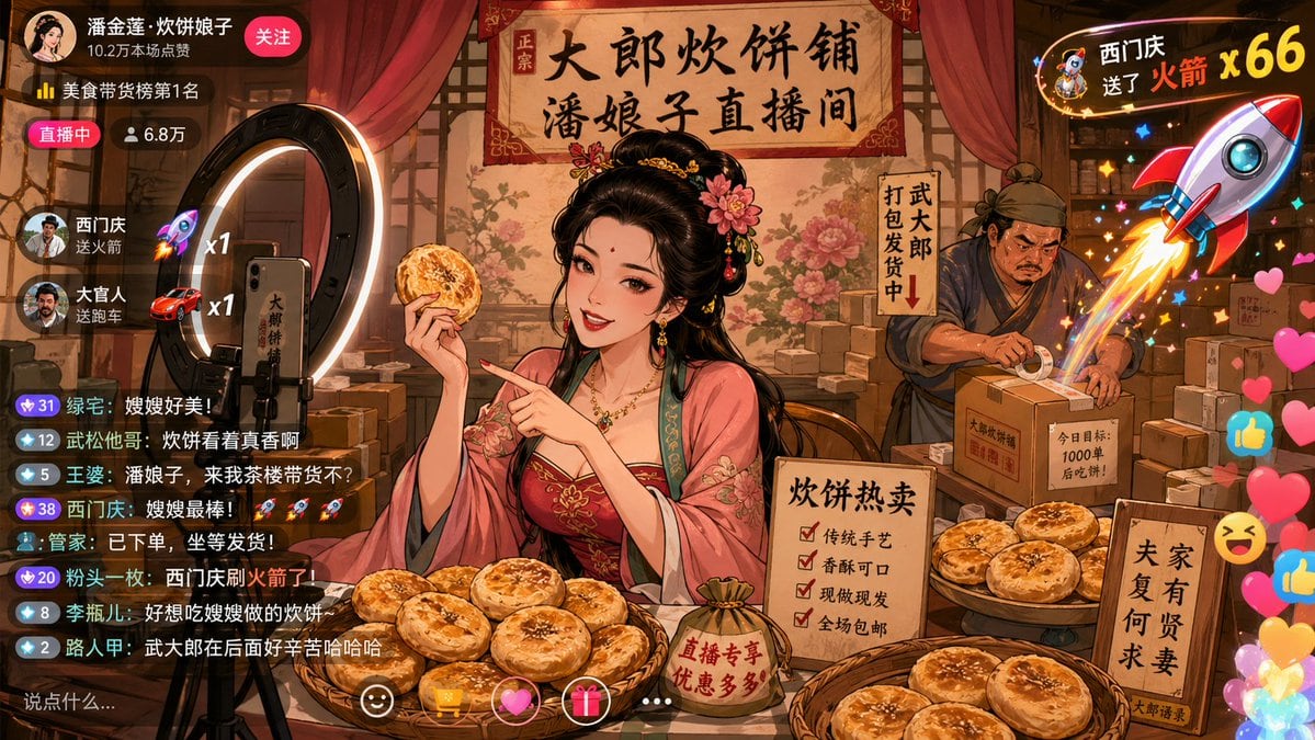 一个将历史人物置于现代电商直播场景中的提示词，包含实时互动和背景活动。