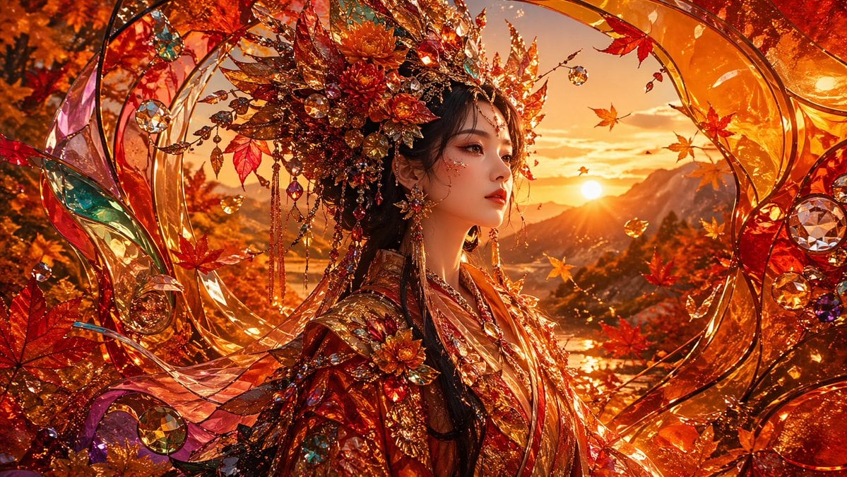 A hyper-luxurious fantasy portrait of an elegant woman in side profile, centered slightly left, wearing an extravagant autumn headdress and robe made of red maple leaves, chrysanthemum-li...