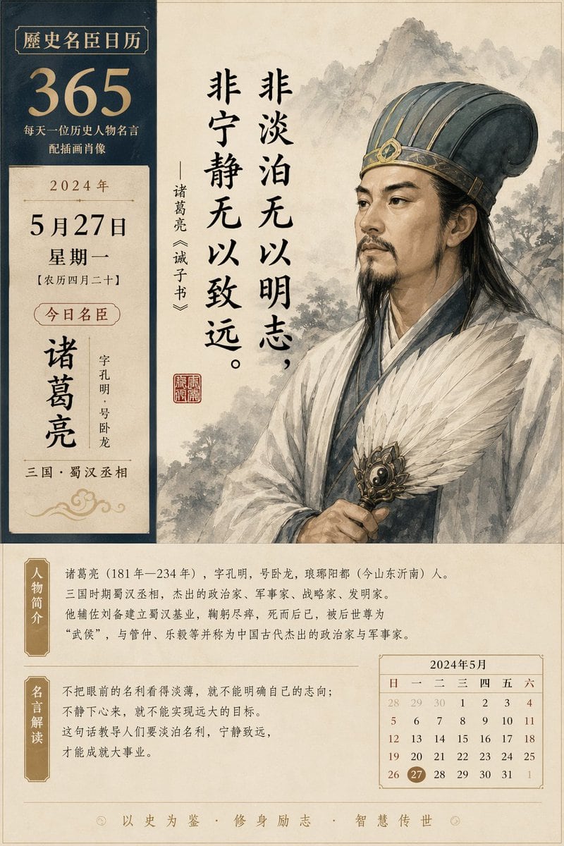 一个用于生成每日历史人物日历的提示词,包含名言和插图。